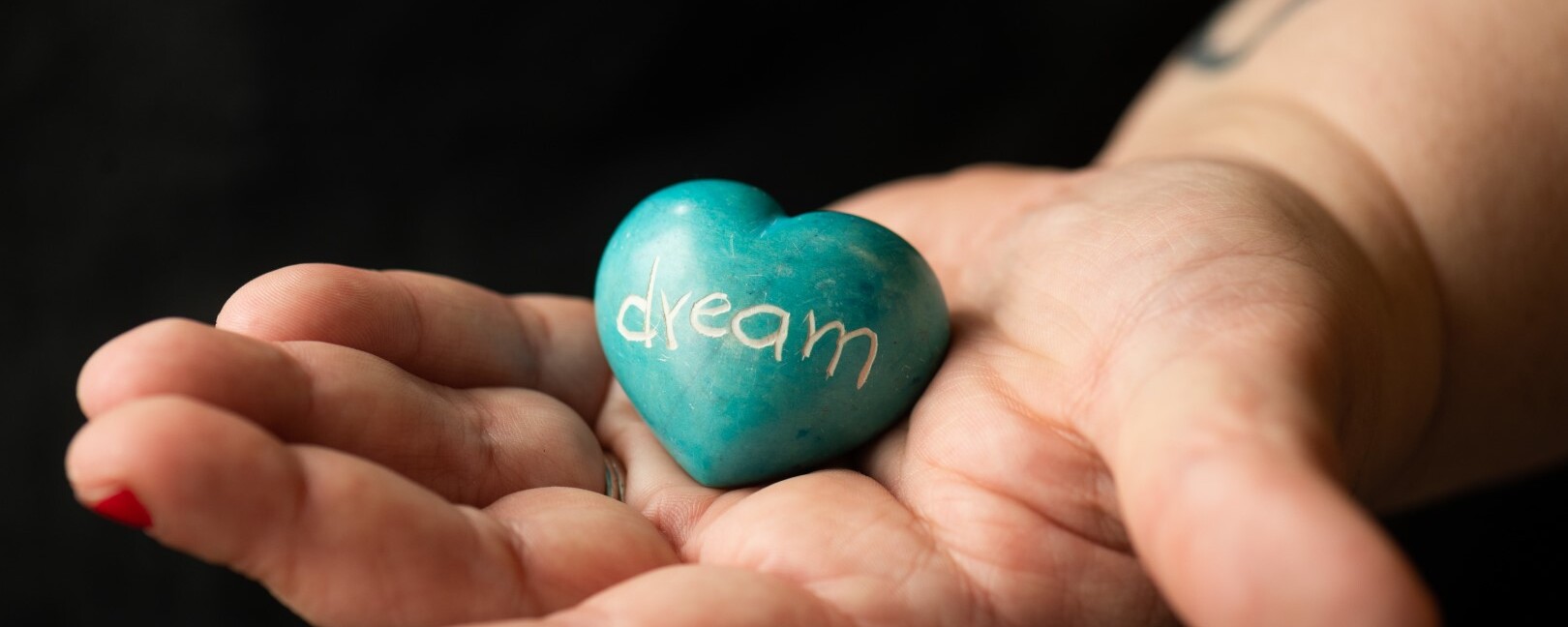 a hand holding a heart shaped rock with the inscription: dream