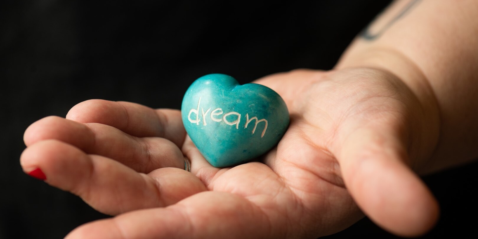 a hand holding a heart shaped rock with the inscription: dream