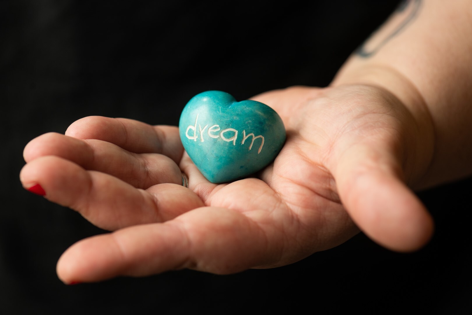 a hand holding a heart shaped rock with the inscription: dream